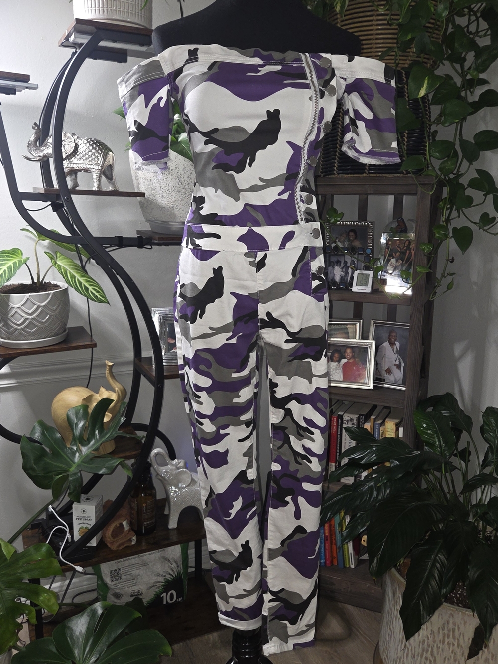 VIP Purple Camo Off-Shoulder Jumpsuit with Front Zip